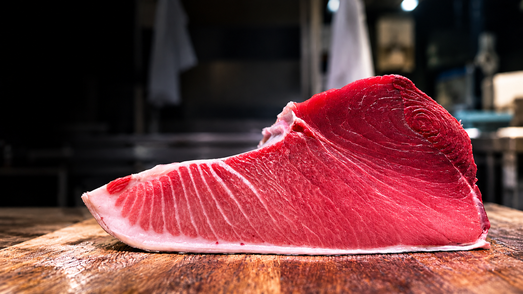 木の台に置かれた、鮮やかな赤身の鮪